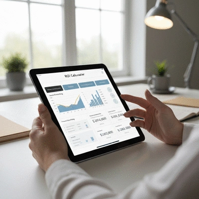 Person using an ROI calculator on a tablet, showing financial graphs