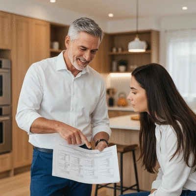 Professional contractor discussing a remodeling quote with a homeowner, pointing at a detailed document