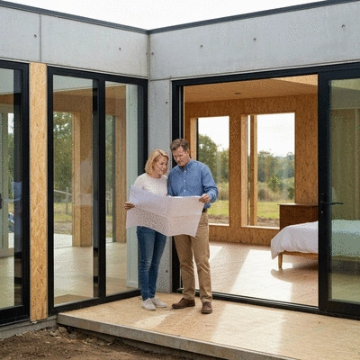 Architect and homeowner reviewing blueprints on a construction site, no text, no words, no typography, 8K