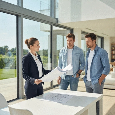 Architect reviewing blueprints with a couple in a modern home