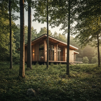 Modern wooden cabin in a forest setting, with soft natural light, no text, no words, no typography, clean image