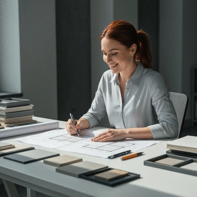 Person reviewing blueprints and material samples for a home remodeling project