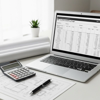 Detailed home remodeling budget spreadsheet on a laptop, with a calculator and blueprints on a desk, no text, no words, no typography, 8K, clean image