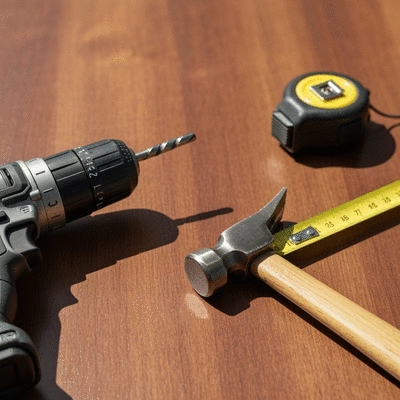 Close-up of essential DIY tools including cordless drill, hammer, tape measure on wooden surface