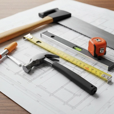 Various home remodeling tools laid out on a blueprint
