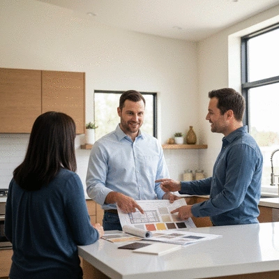 Professional contractor discussing renovation plans with homeowners in a modern kitchen