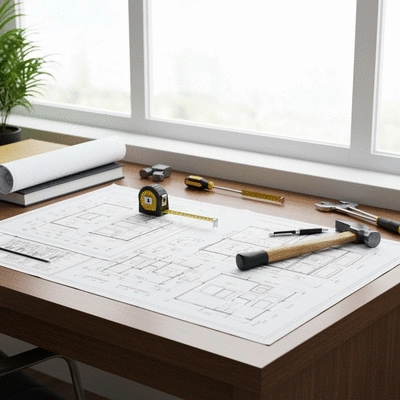 Home remodeling project planning on desk with blueprints and tools