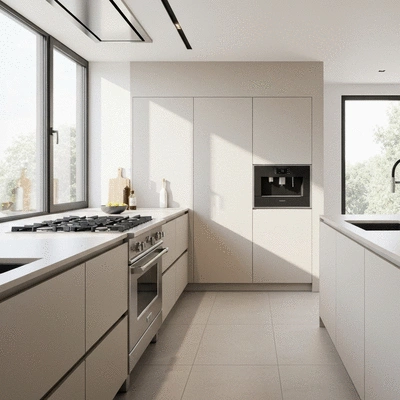 Modern kitchen with sleek design, clean lines, and neutral colors