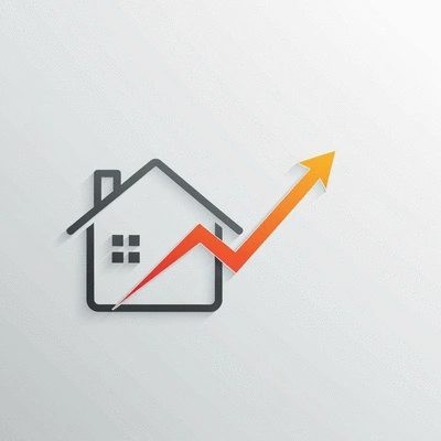 Modern graphic depicting home equity growth with house icon and upward trending arrow.