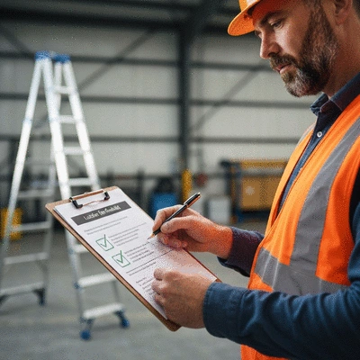 Person reviewing a ladder safety checklist on a clipboard with a ladder in the background