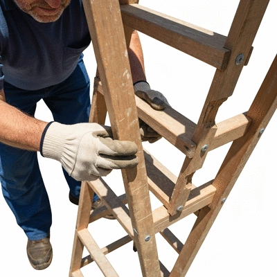 Person inspecting a ladder for damage before use, close up on hands and ladder rung