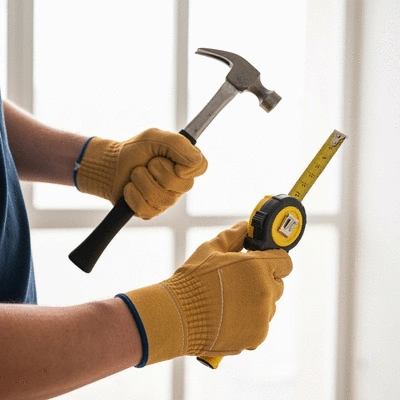 Close-up of hands wearing gloves holding a hammer and measuring tape on a home renovation site