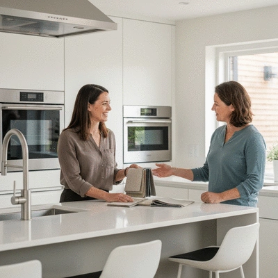 Interior designer showing material samples to a homeowner in a modern kitchen, no text, no words, no typography, 8K