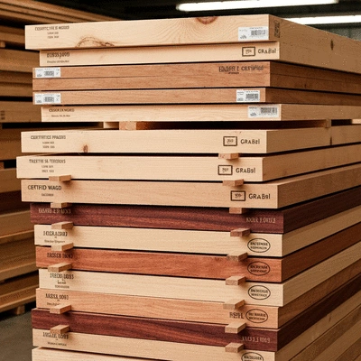 Stack of various lumber pieces with different grades and treatments, some with labels and certifications, in a well-lit workshop or lumberyard setting, no text, no words, no typography, clean image