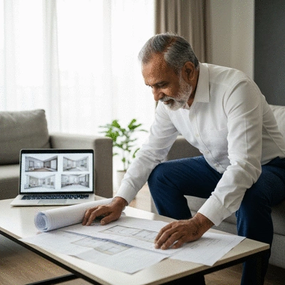 Homeowner planning a renovation project with blueprints and tools on a table
