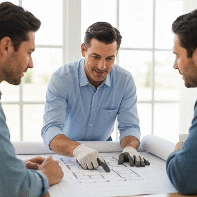 Professional home contractor discussing renovation plans with homeowners, pointing to a blueprint, no text, no words, no typography, 8K, clean image