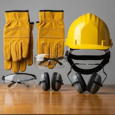 Assortment of safety tools for home remodeling, including gloves, safety glasses, and a hard hat