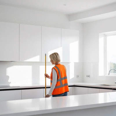 Home renovation contractor measuring kitchen space with tools