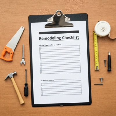 Detailed remodeling checklist on a clipboard with construction tools
