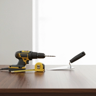 Modern home renovation tools and blueprint on wooden table