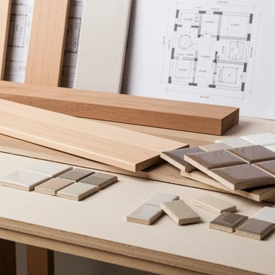 Close-up of various high-quality building materials like wood, tile, and paint swatches neatly arranged on a workbench, with a blueprint in the background, no text, no words, no typography, clean image