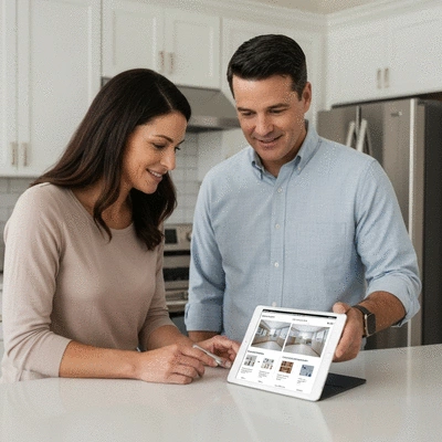 Homeowner reviewing kitchen remodel plans with a contractor, showing ROI calculations