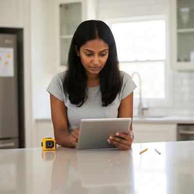 Person evaluating renovation plans, deciding between DIY and professional help