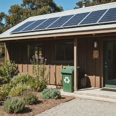Solar panels on a cabin roof and a recycling bin, symbolizing sustainable practices, no text, no words, no typography, clean image