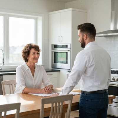 Homeowner discussing remodeling plans with contractor at kitchen table