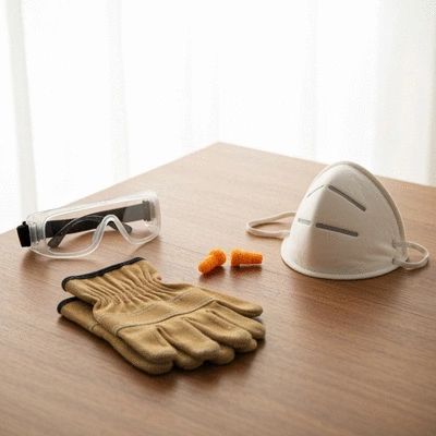 DIY safety gear including goggles, gloves, ear protection, and dust mask laid out on a wooden table
