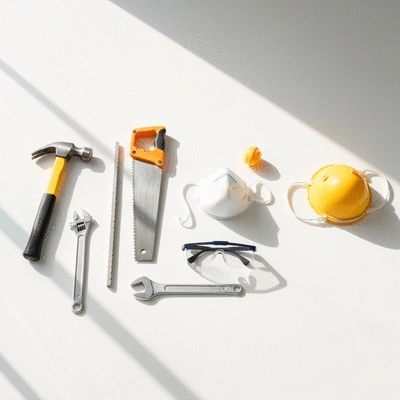 DIY home remodeling safety equipment and tools on a clean workspace